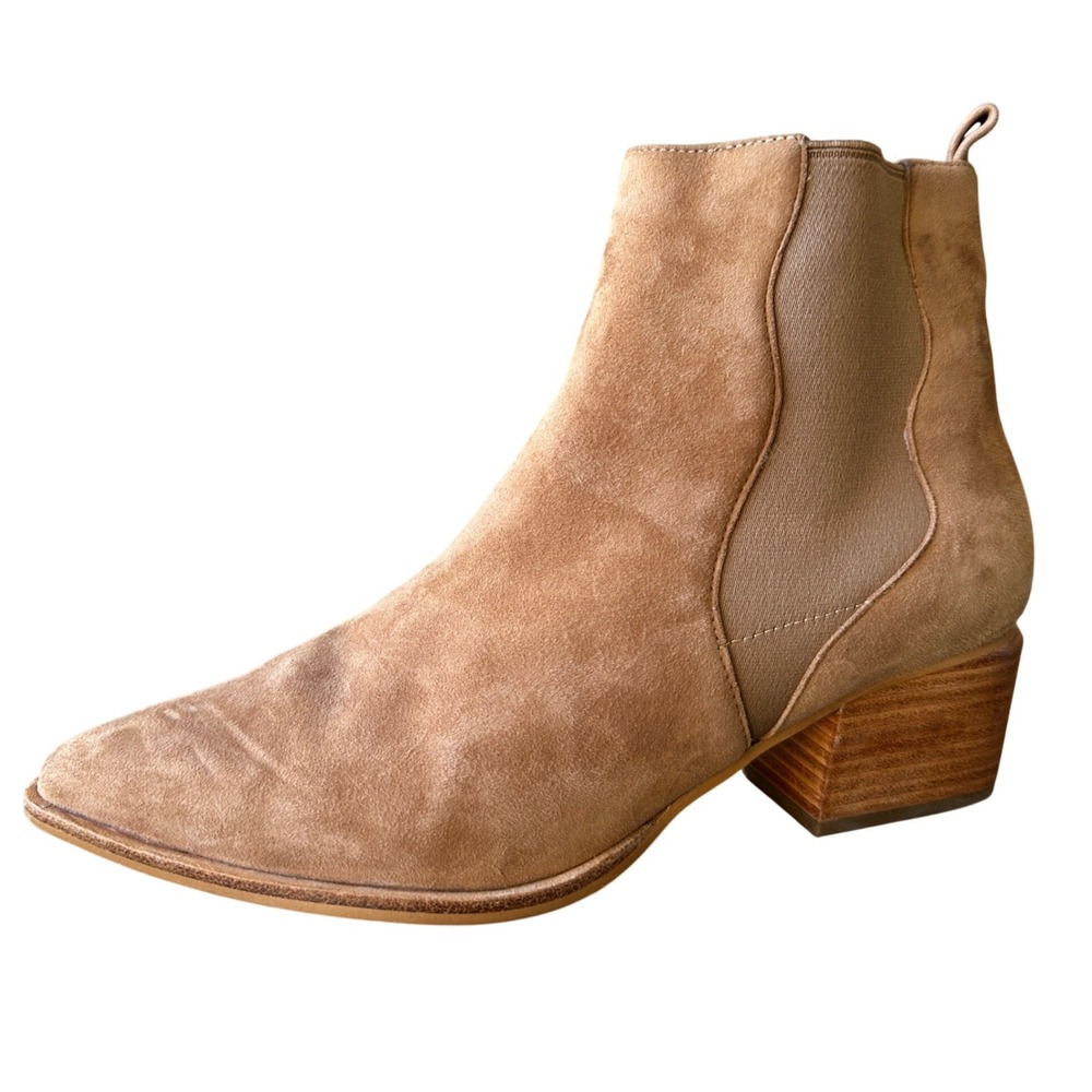 Linea Paolo Suede‎ Pointed Toe Chelsea Boots Tan Brown 8.5M Block Heel Western